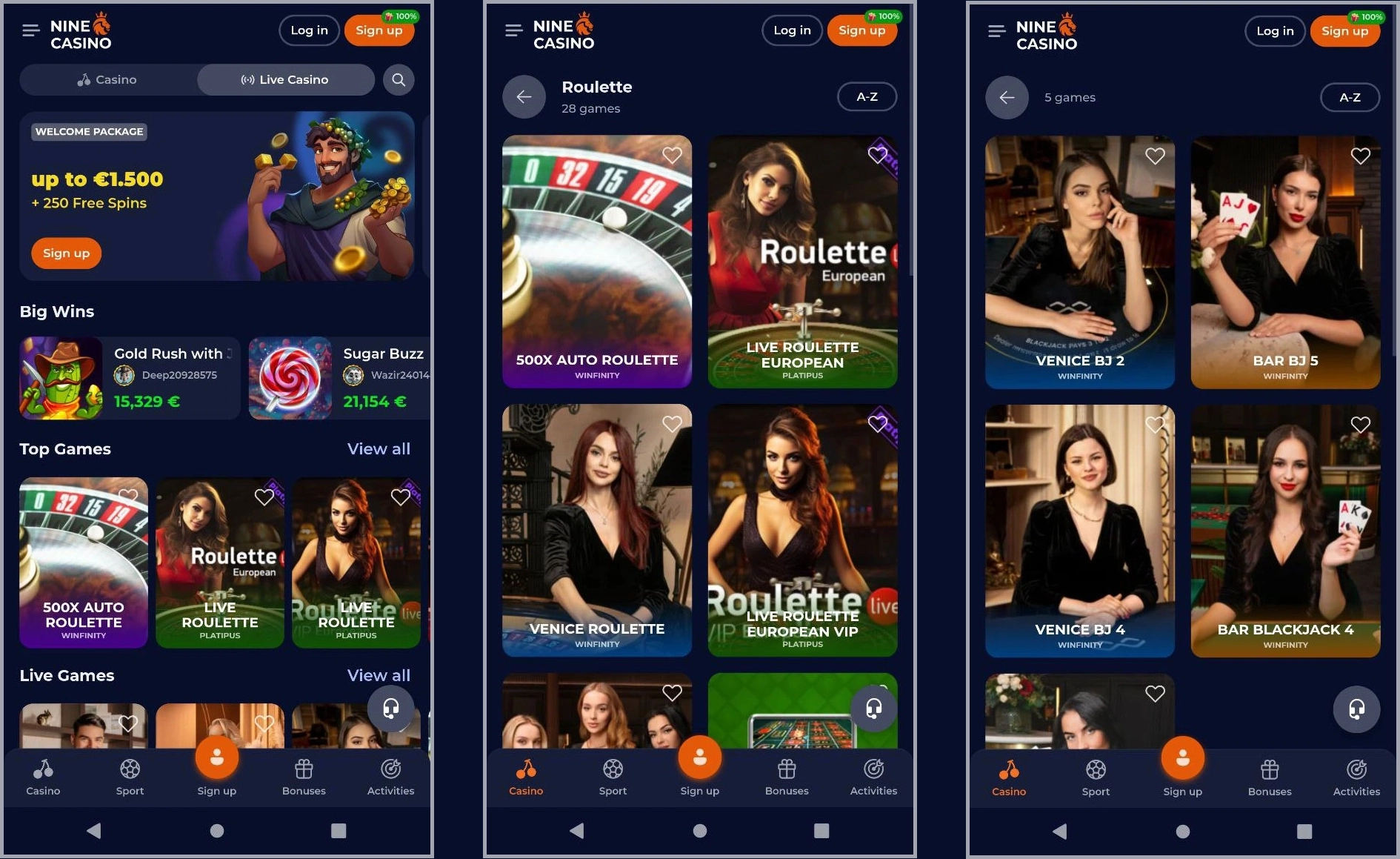 Screenshot van de live casino lobby in de Nine Casino app, toont tafels zoals Lightning Roulette en Blackjack.