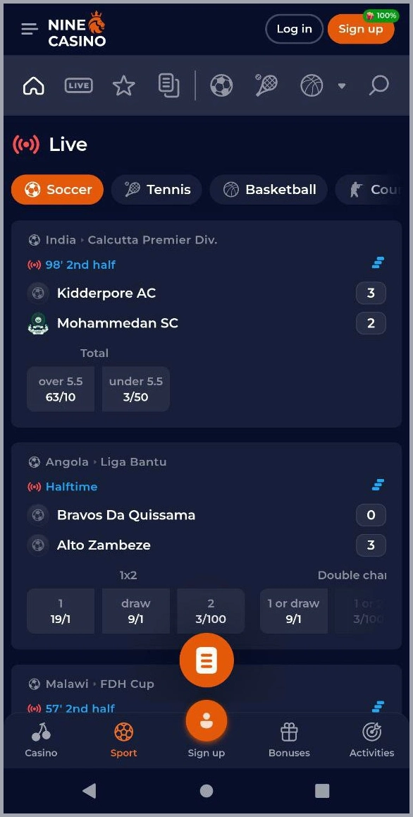 Real-time live betting on sports events at NineCasino