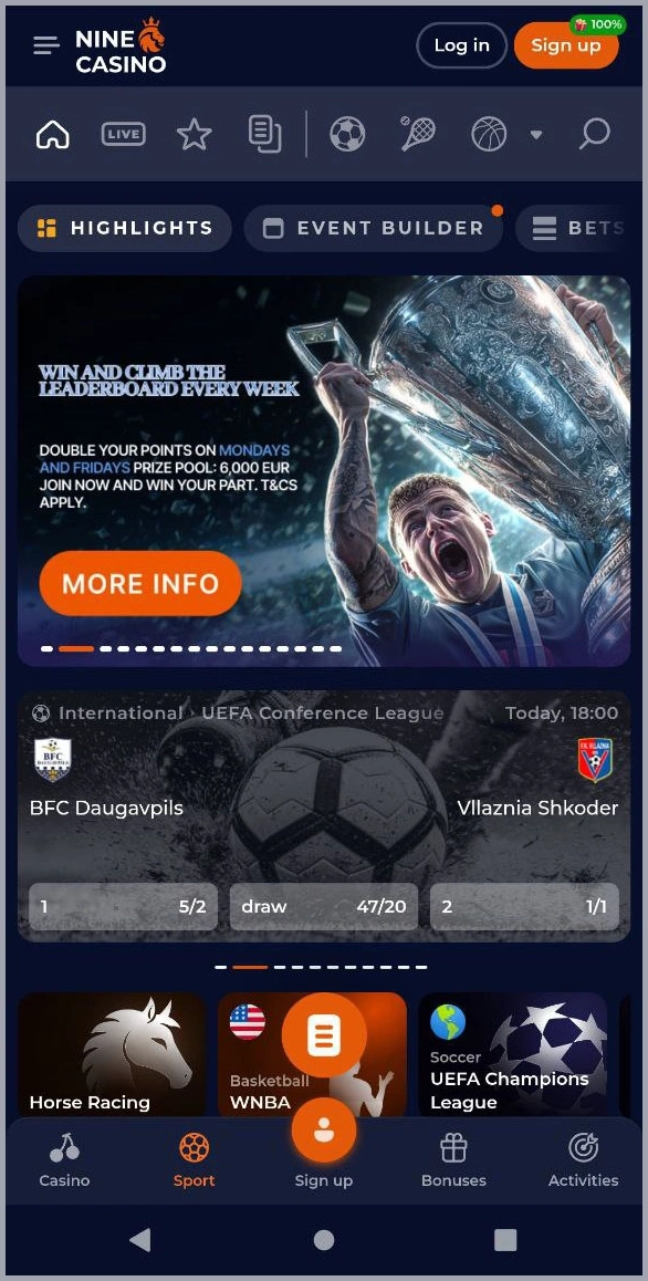 Pre-match sports betting at Nine Casino